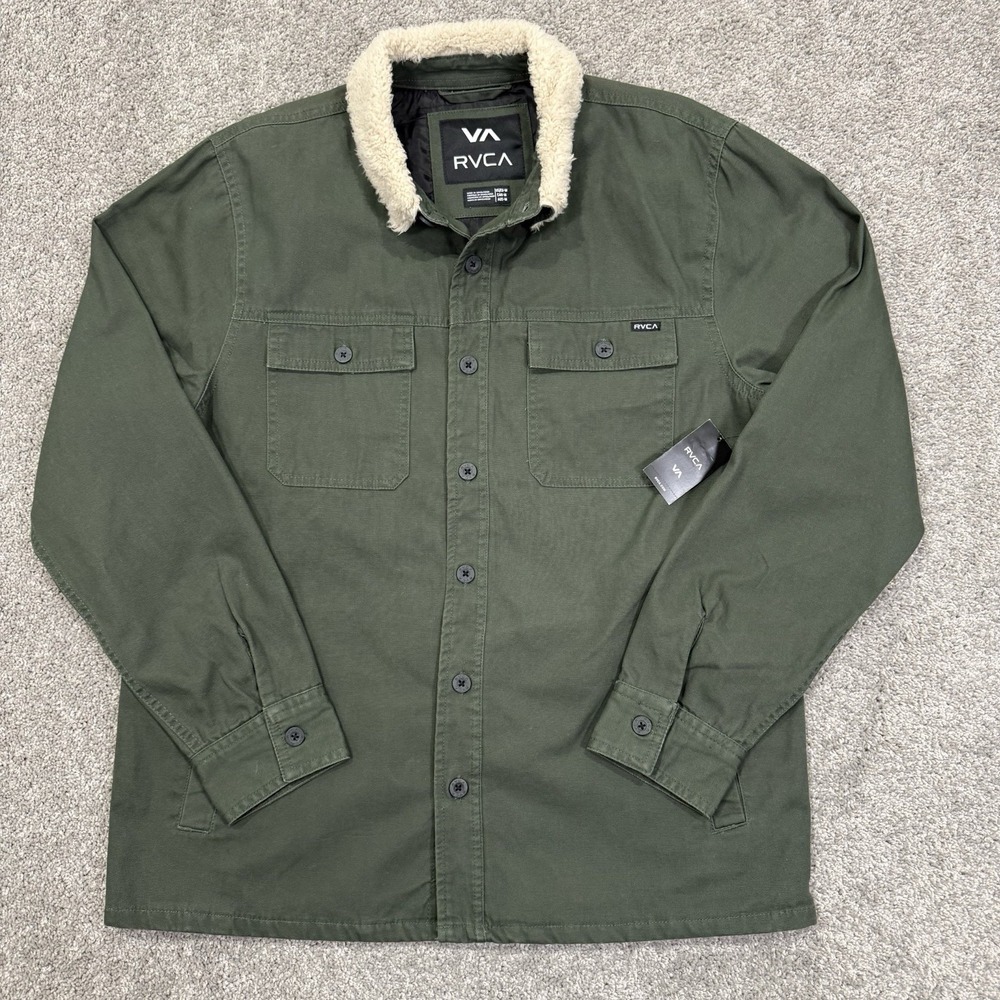RVCA Mens Medium Green Range Jacket Shacket Sherpa Collared Button Front NWT